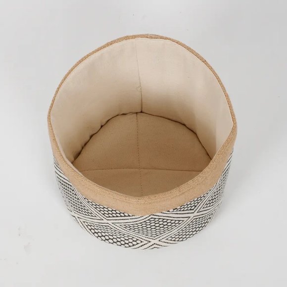 Jute Cotton fabric printed basket, squares, 8x8, off-white, brown, black - Picture 4 of 5